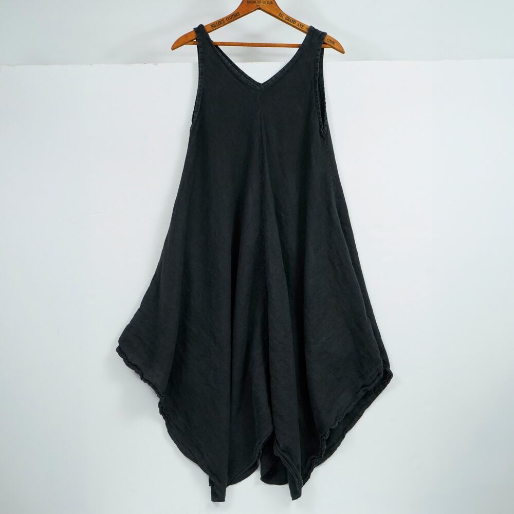 Made in Italy Black Sleeveless V Neck Handkerchief Hem Midi Dress Women's 19.5"